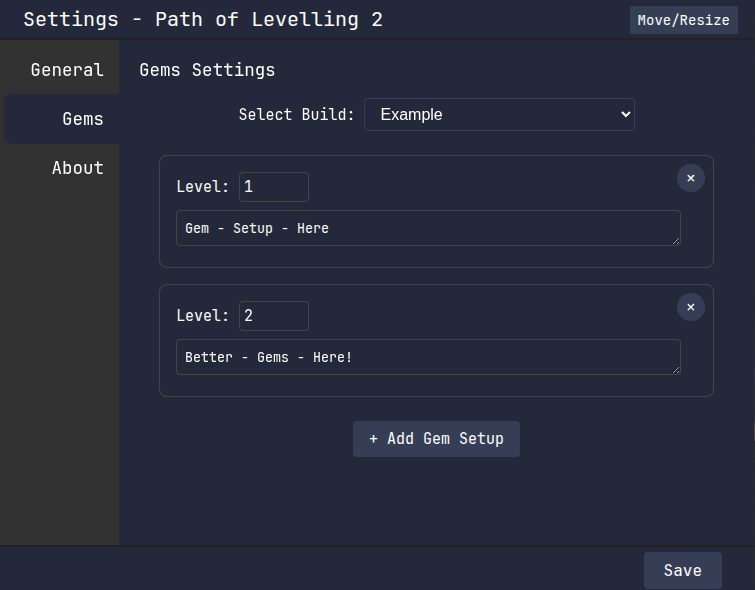 Gems Settings Screen Select Build