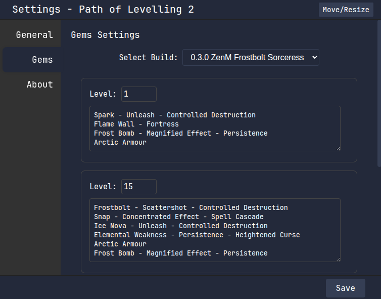 Gems Settings Screen